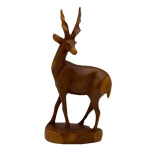 Vtg Hand Carved 10" Teak Wood Antelope Gazelle Statue Figurine Rustic Decor